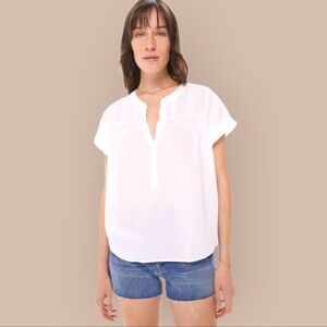 XiRENA White Cotton Pleated Detail Notch Neck Short Cap Sleeve Peasant Top Small